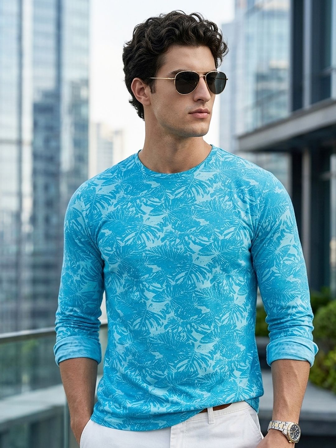 Urbano Fashion Men Turquoise Blue Floral Printed Tropical Slim Fit T-shirt