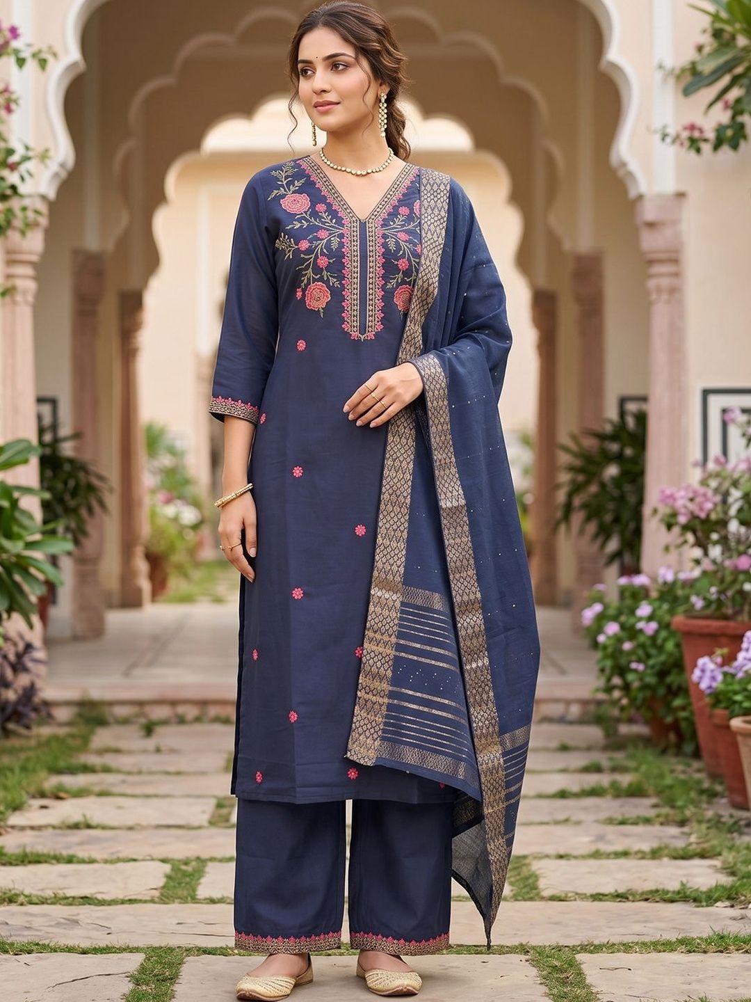 Art Silk Straight Kurta Set Koskii Navy Blue Art Silk Threadwork Straight Kurta With Pant Regular And Dupatta