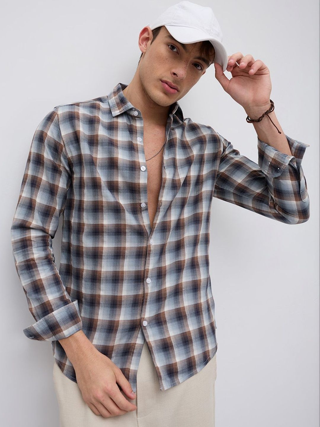 VASTRADO Grey & Brown Ombre Checks Classic Shirt