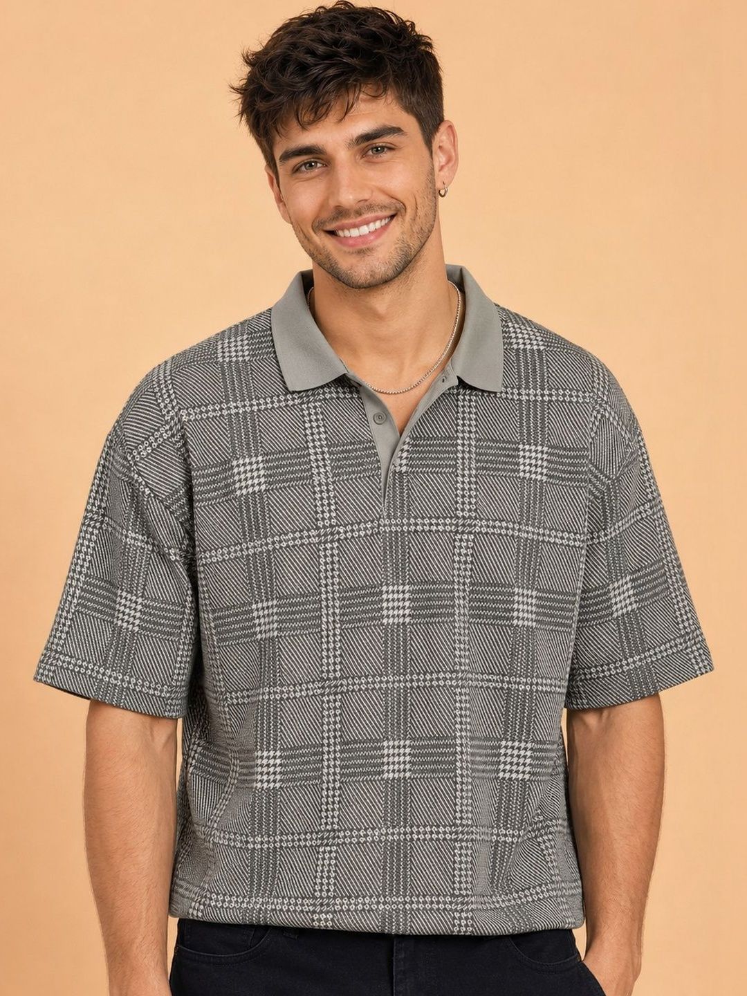 HERE&NOW Men Checked Polo Collar T-shirt