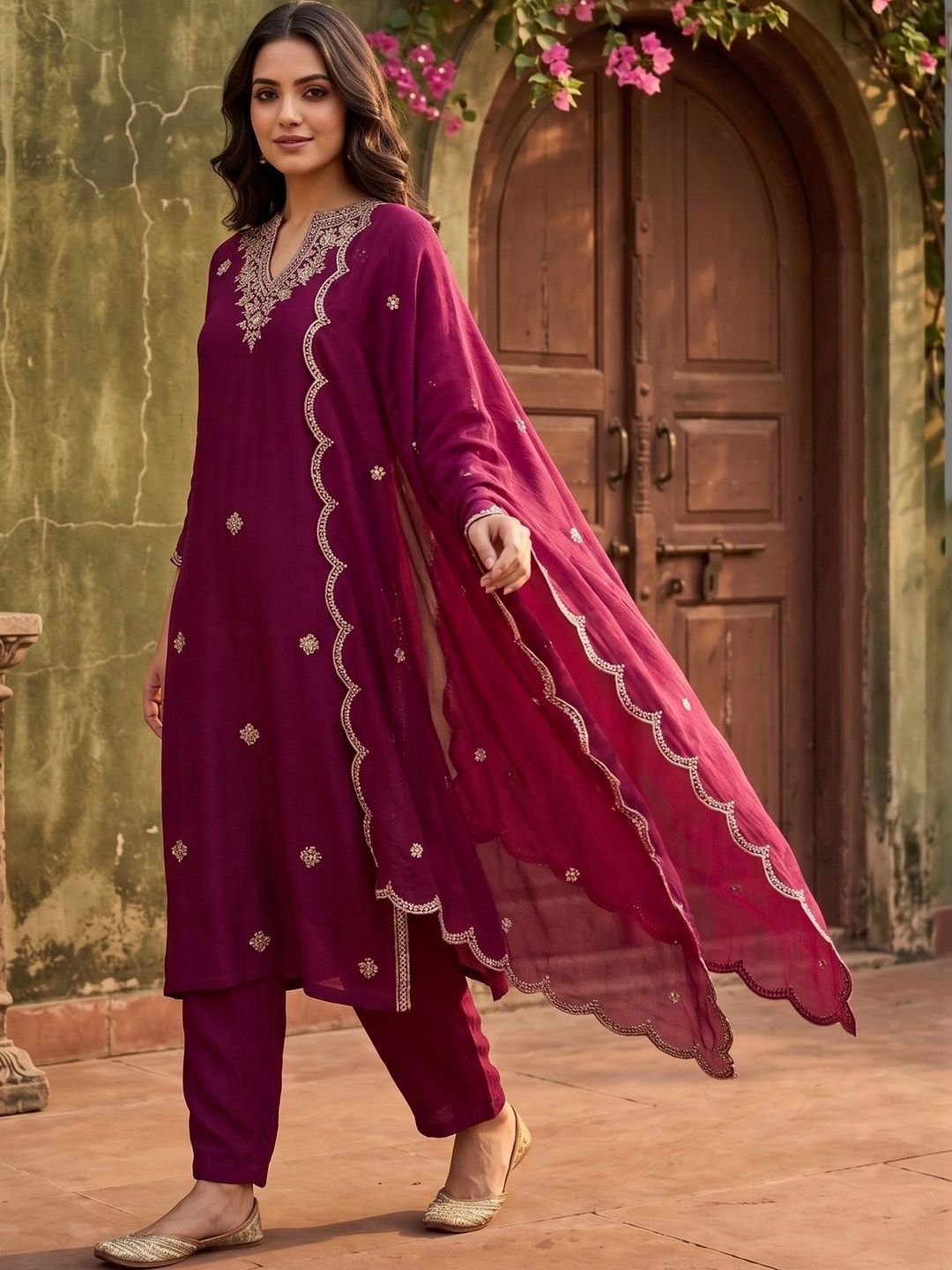 Raw Silk Straight Kurta Set Koskii Wine Soft Raw Silk Threadwork Straight Kurta With Pant Regular And Dupatta