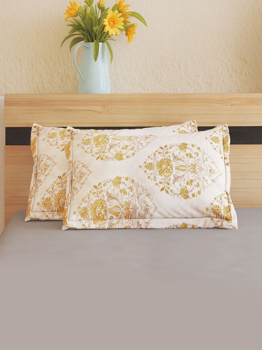 Home Centre Home Centre Yellow & Gold-Toned 2 Pieces Floral Pure Cotton Blend Square Pillow Covers