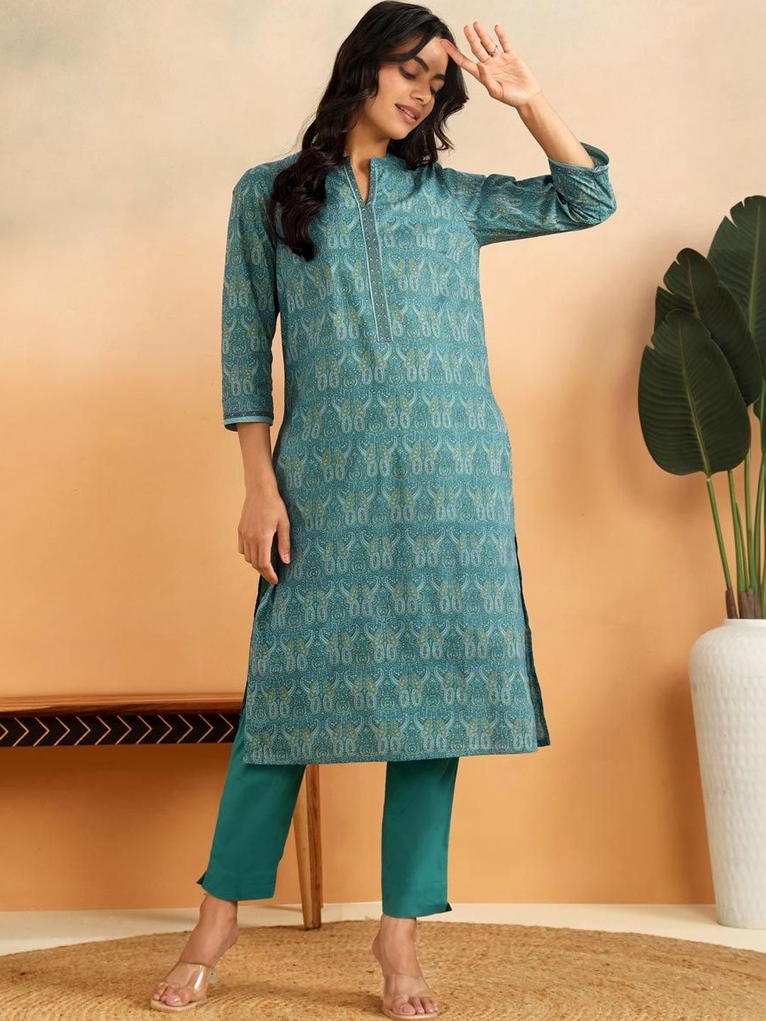 Women Printed Kurta with Trousers Fabindia Women Paisley Printed Regular Pure Cotton Kurta with Trousers