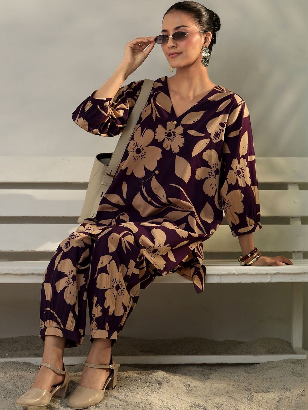 Libas Purple Floral Printed Cotton Co-Ord Set