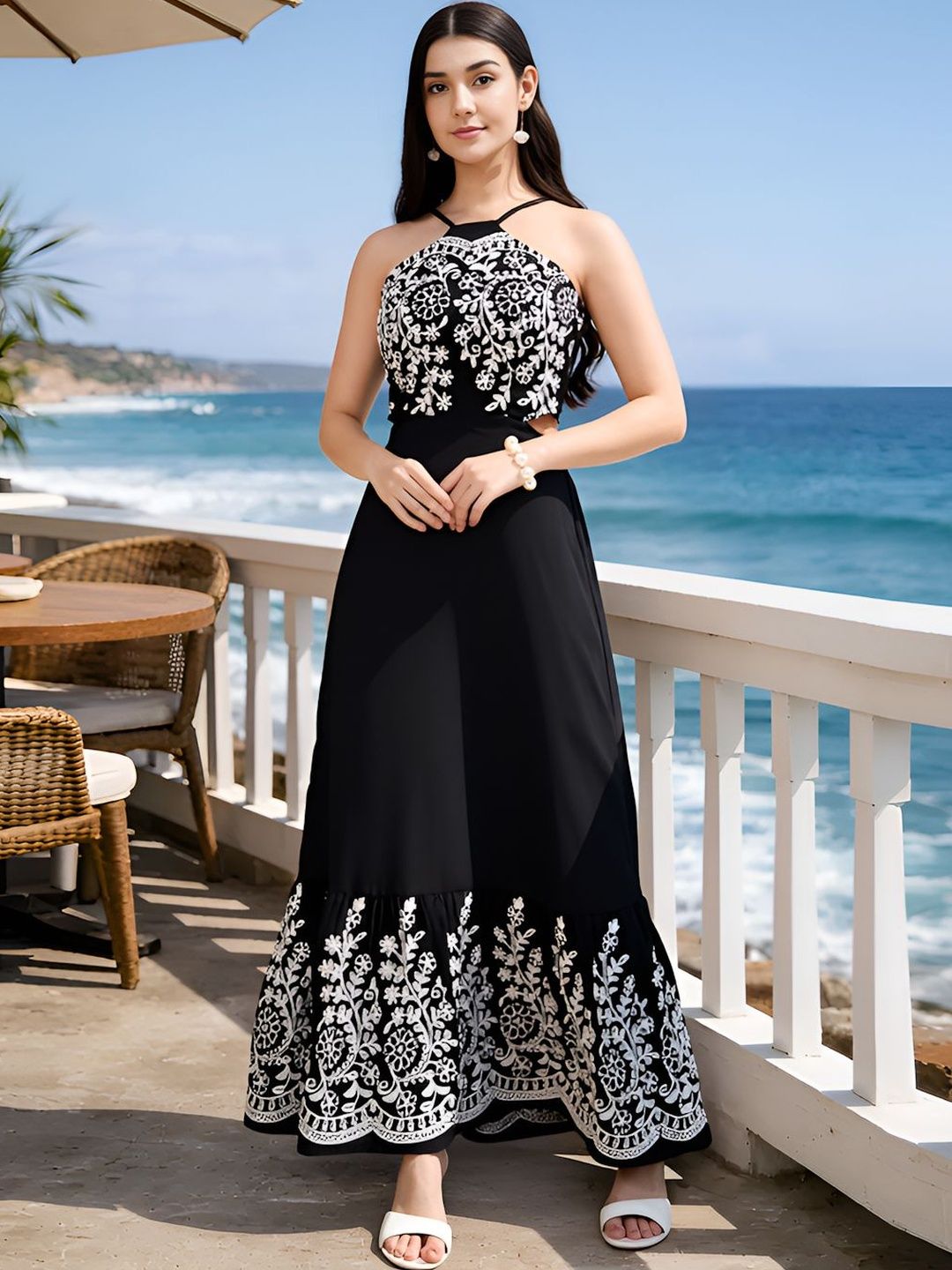 aayu Floral Embroidered Halter Neck A-Line Maxi Dress