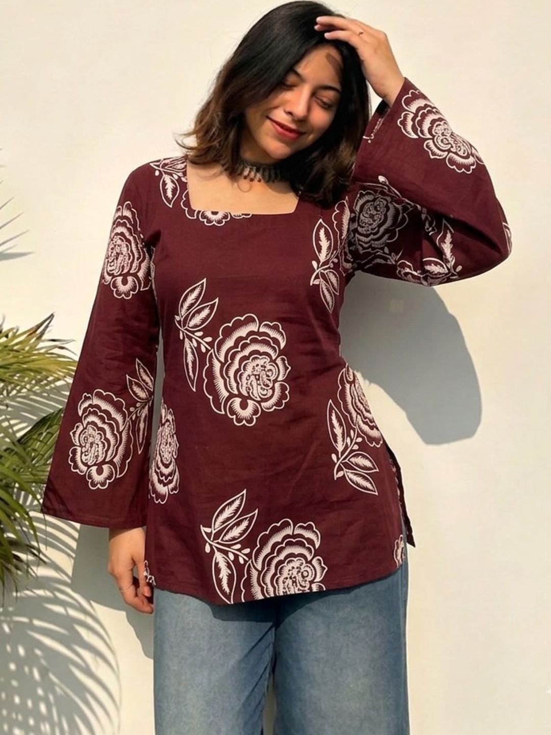 JAHIDA COMFORT WITH STYLE Floral Printed Square Neck Flared Sleeves Pure Cotton Kurti