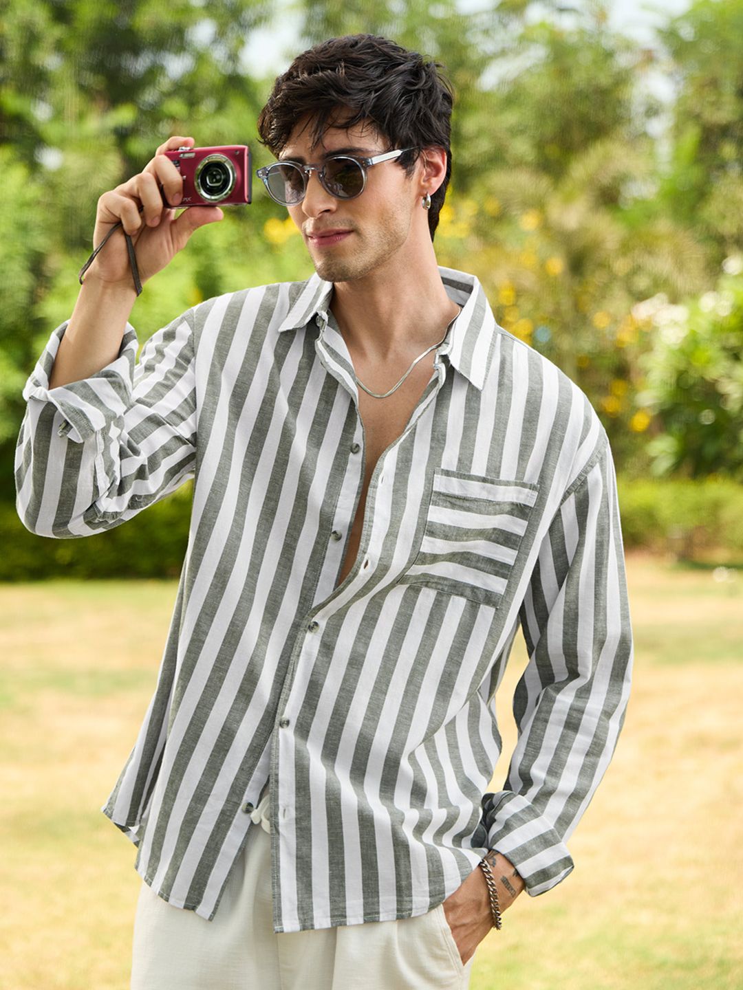 The Souled Store The Souled Store Men Regular Fit Cotton Linen Striped Green Cotton Linen Shirts