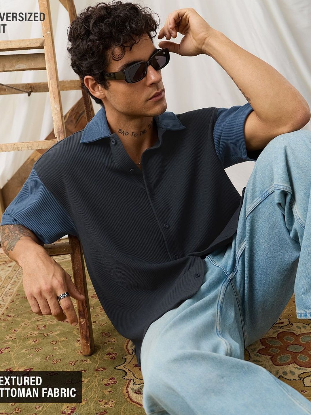 The Souled Store Men Oversized Fit Textured Grey Textured Shirts
