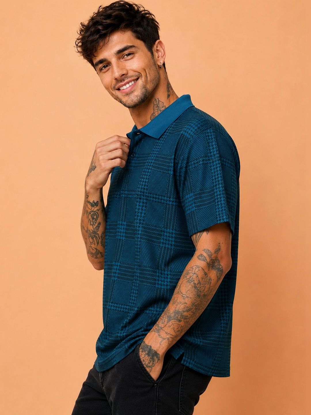 HERE&NOW Men Checked Polo Collar T-shirt
