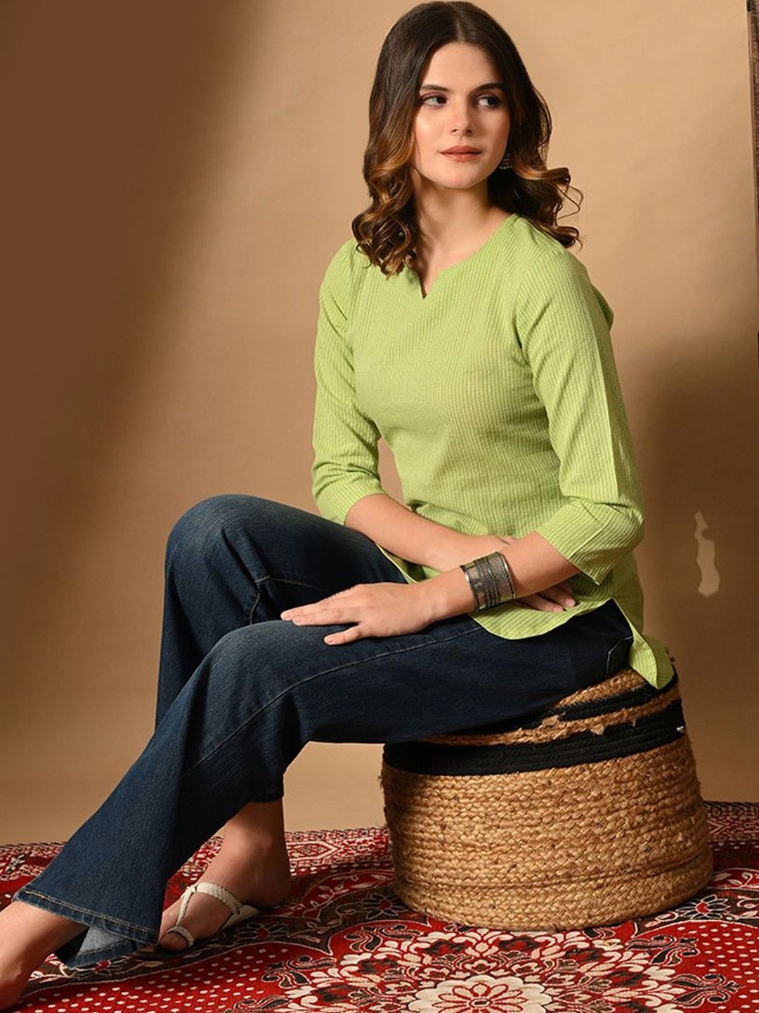 Sangria Striped Striped Pure Cotton Round Neck Straight Kurtis