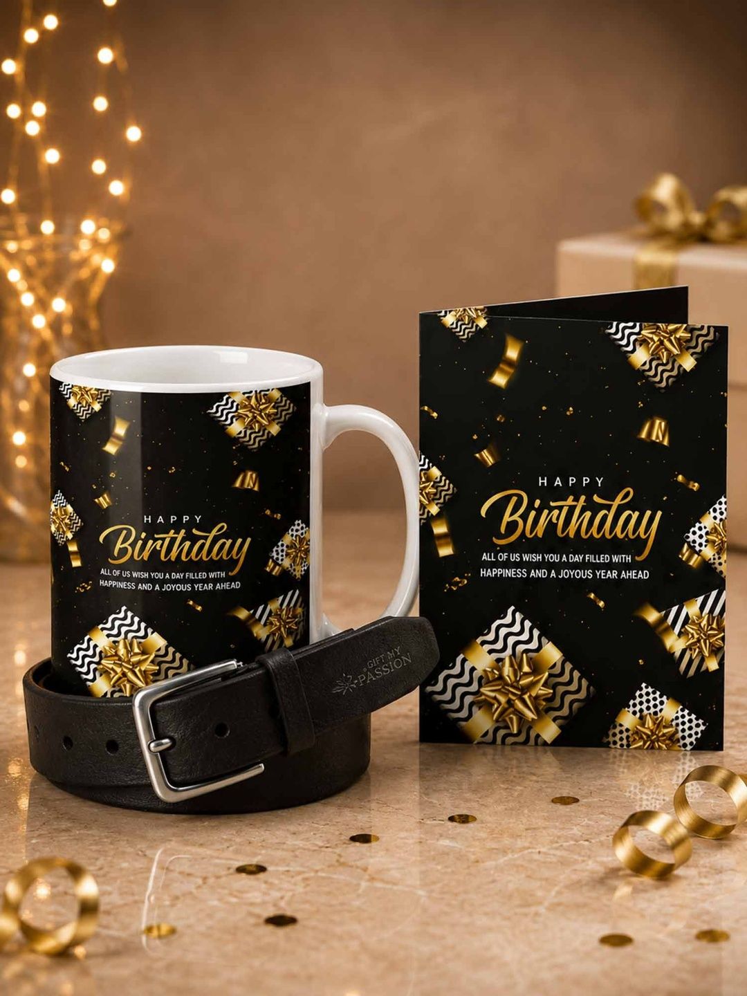 GIFT MY PASSION Set Of 3 Belt Birthday Greeting Card & Coffee Mug - 350 ml