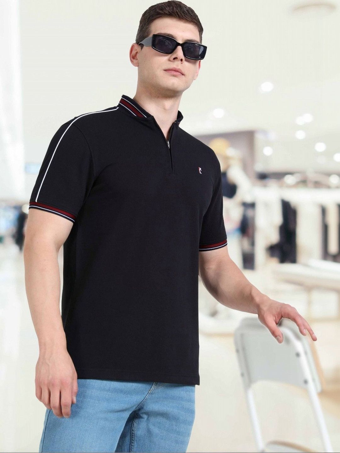 STELLERS Men Zipper Mandarin Collar Black Cotton Tshirt