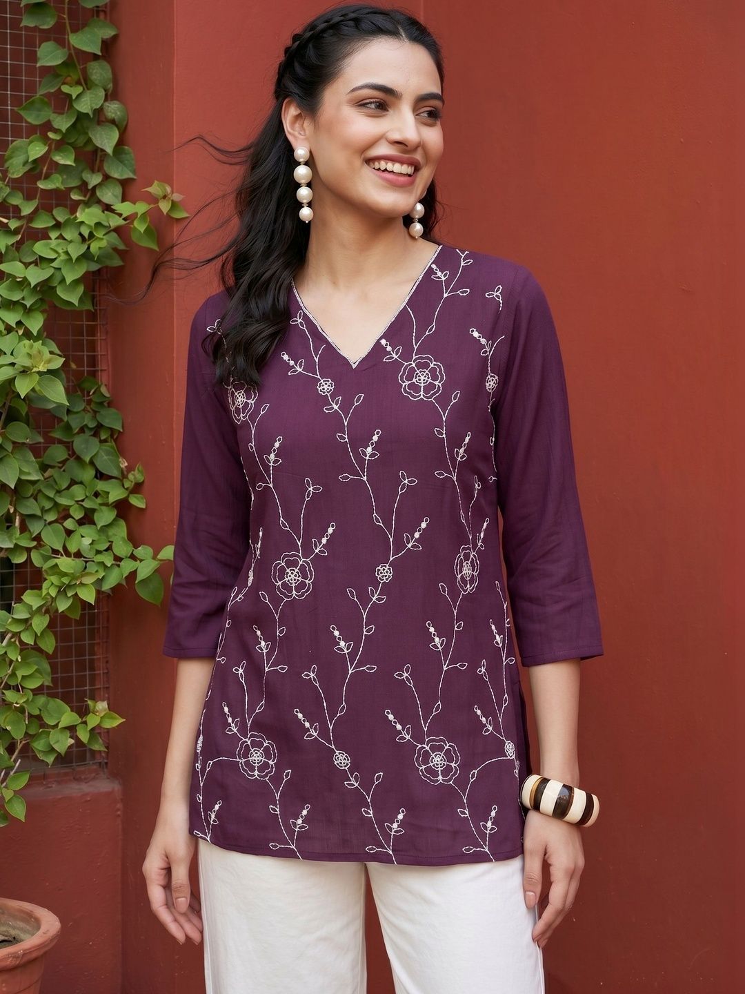 Anouk Floral Embroidered V-Neck Kurti