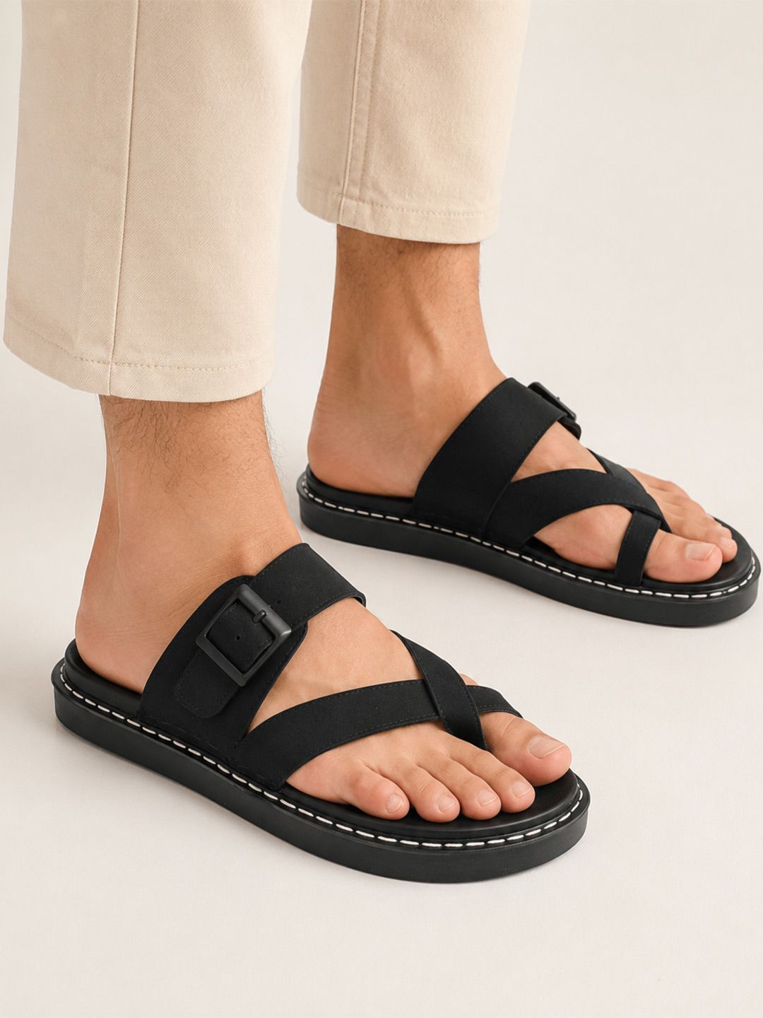 San Frissco Men Black Suede Slipon Casual Thong Comfort Toe Ring Sandals