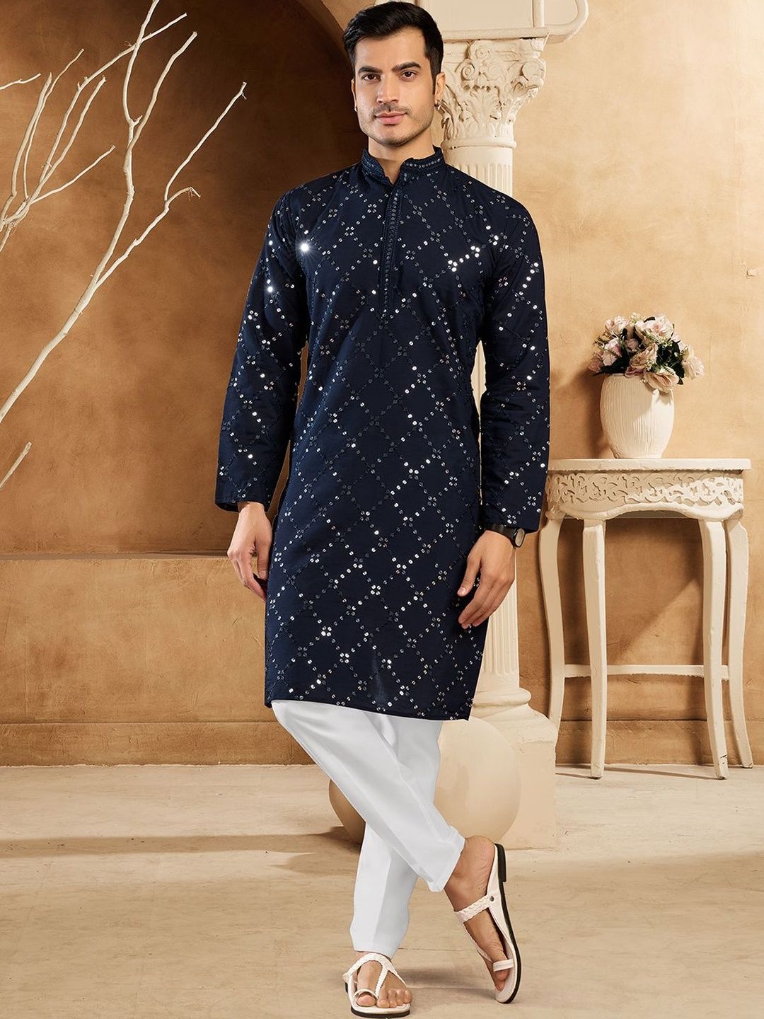 House of Pataudi Embellished Cotton Mandarin Collar Knee Length Straight Kurta