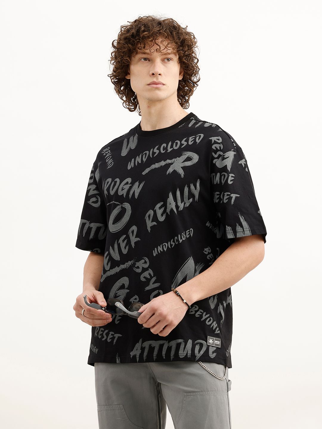 WROGN Typography Printed Drop-Shoulder Sleeves Oversized T-shirt