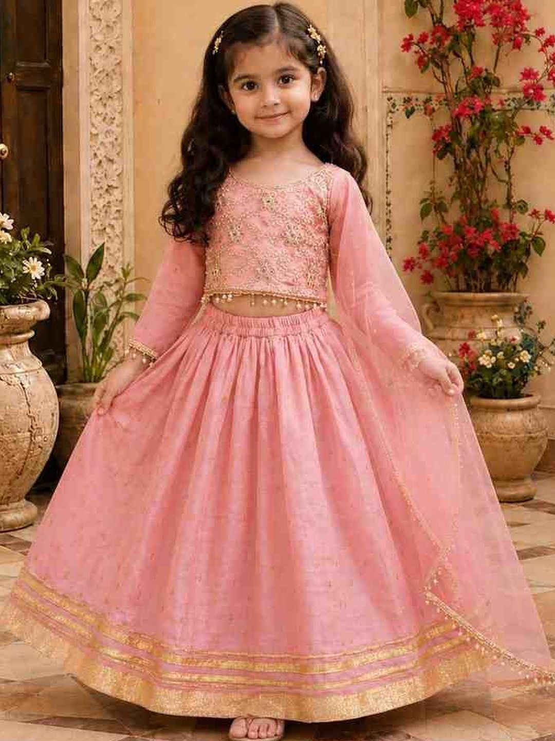 KALINI Girls Embellished Mirror Work Tie and Dye Ready to Wear Lehenga & Blouse With Dupatta