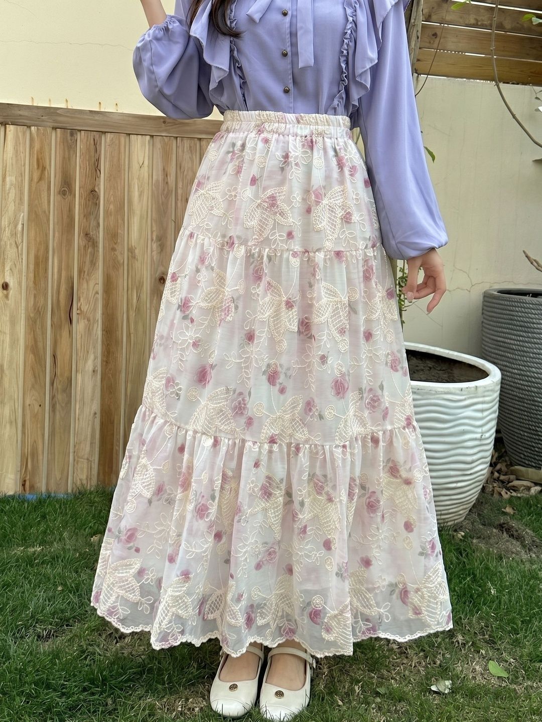 StyleCast x Revolte Women Net Floral Tiered Maxi Tiered Skirt