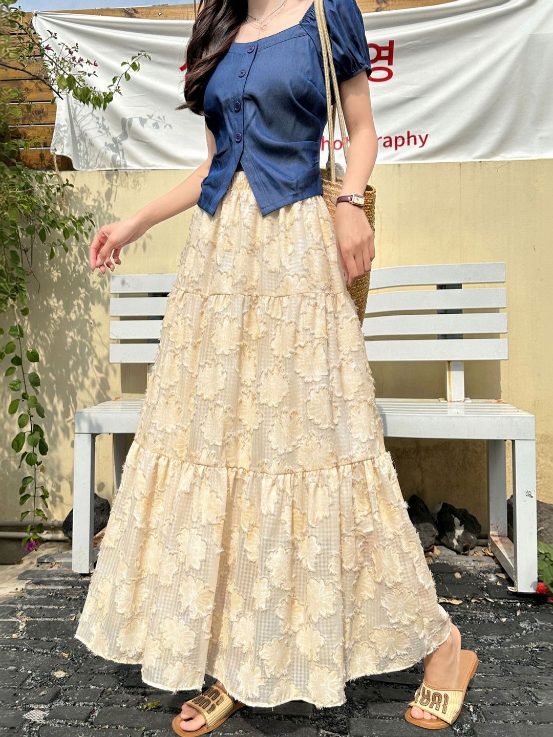 StyleCast x Revolte Women Self Design Tiered Maxi Tiered Skirt