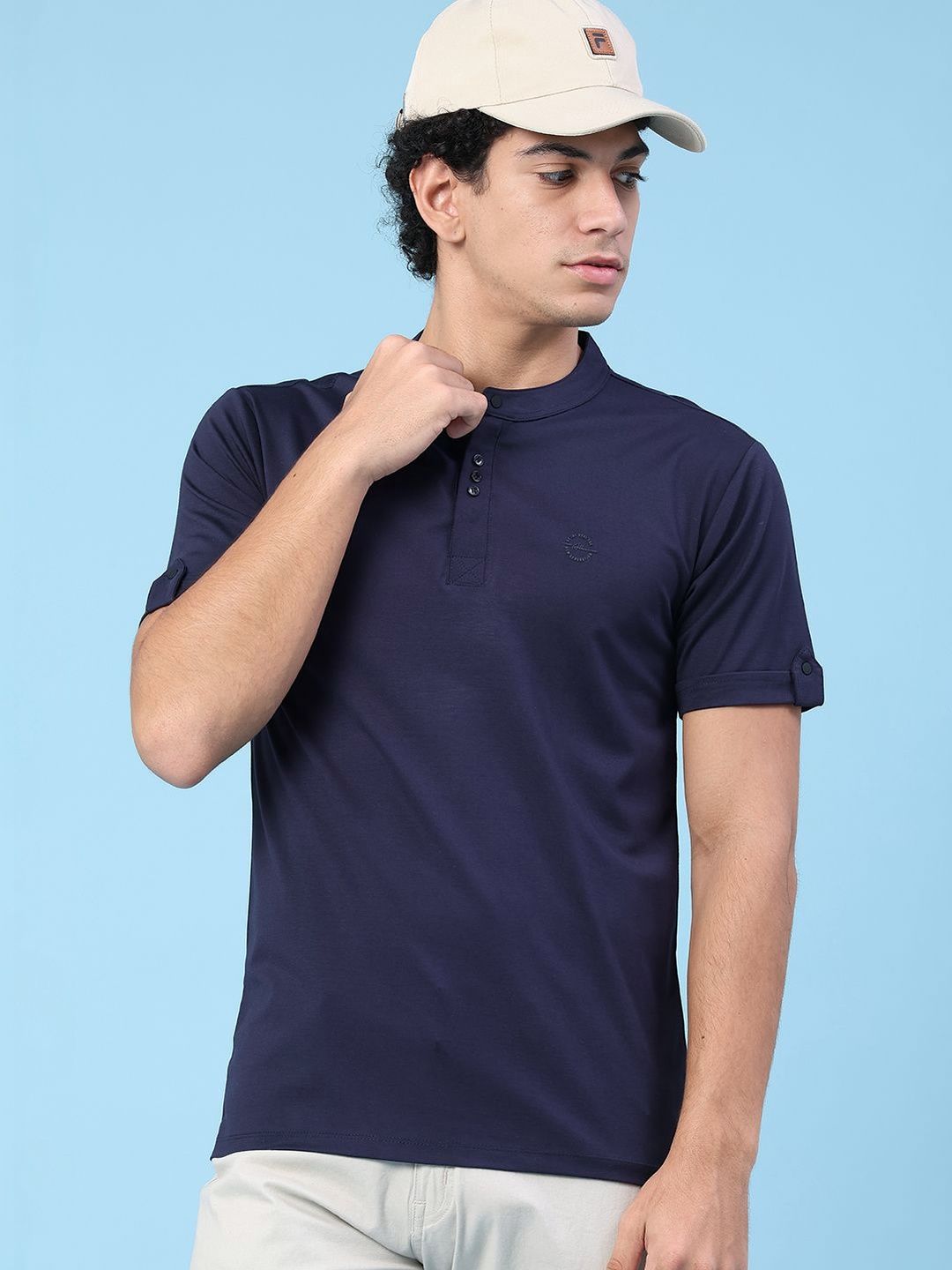 V-Mart Men Mandarin Collar Roll-Up Sleeves Pockets T-shirt