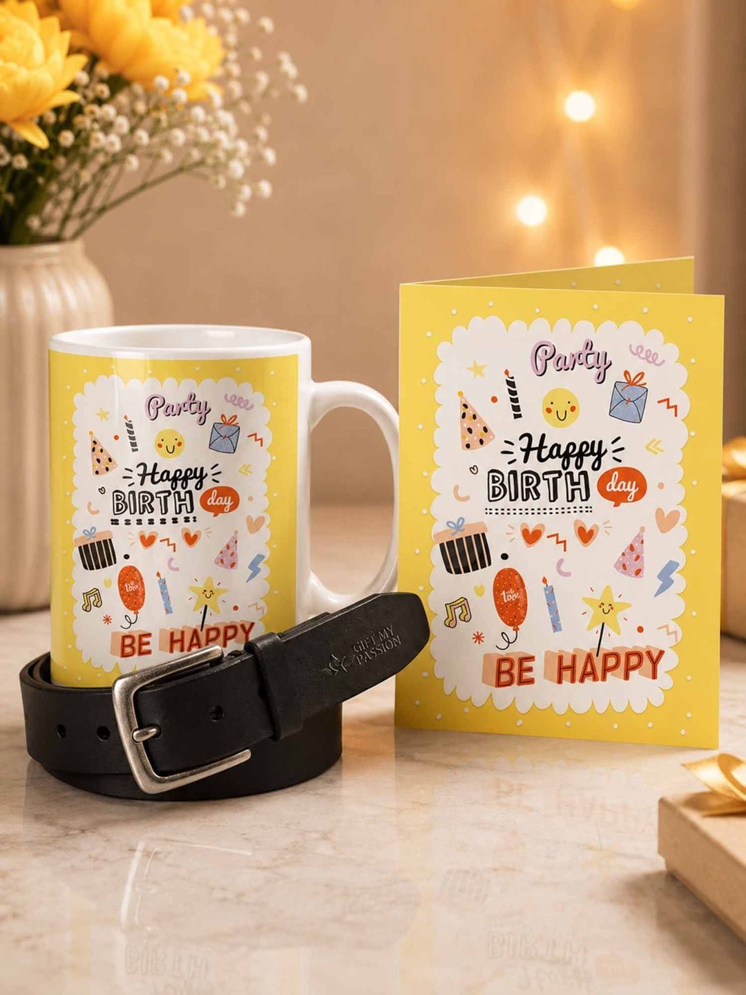 GIFT MY PASSION Set of 3 Belt Birthday Greeting Card & Coffee Mug - 350 ml