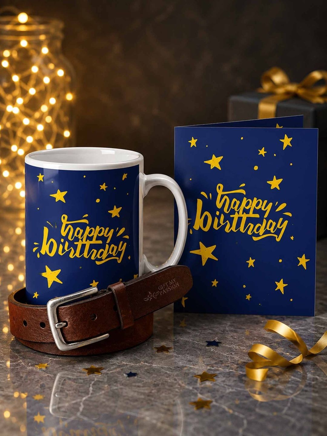 GIFT MY PASSION Set of 3 Belt Birthday Greeting Card & Coffee Mug - 350 ml