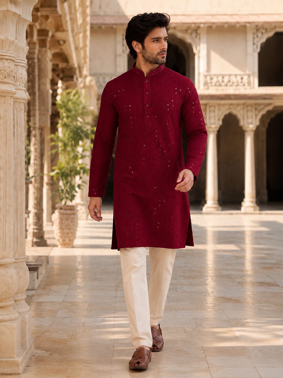 HERE&NOW Ethnic Motifs Embroidered Sequinned Straight Kurta