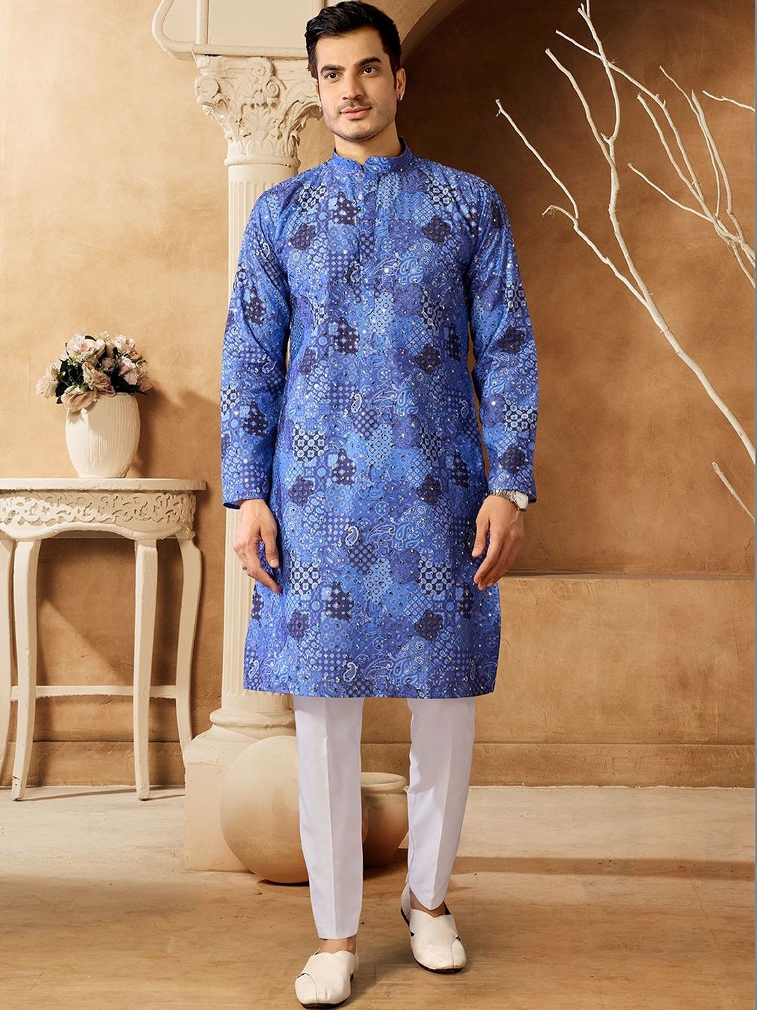 House of Pataudi Printed Cotton Mandarin Collar Knee Length Straight Kurtas