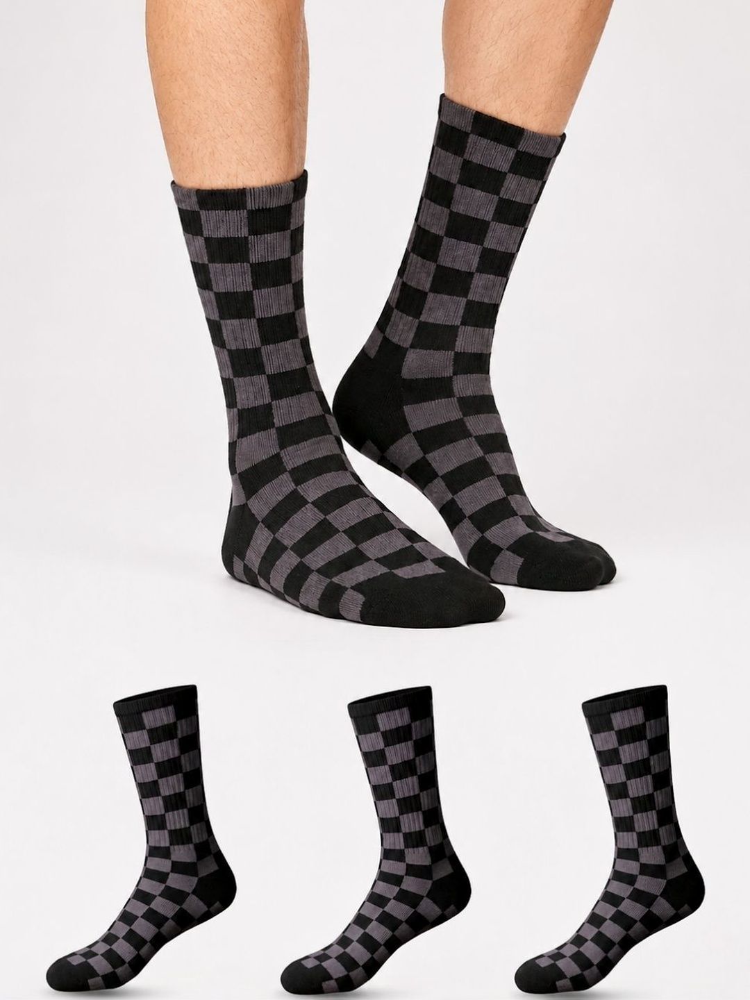Sockscarving Men Pack of 3 Cotton Checked Calf Length Socks
