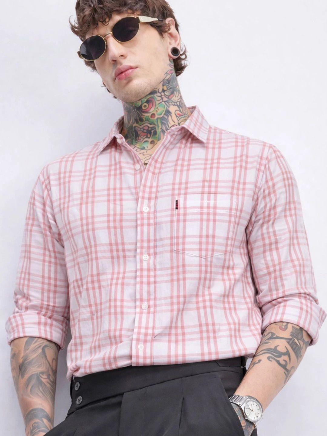 Klub Fox Tartan Checked Spread Collar Slim Fit Cotton Shirt