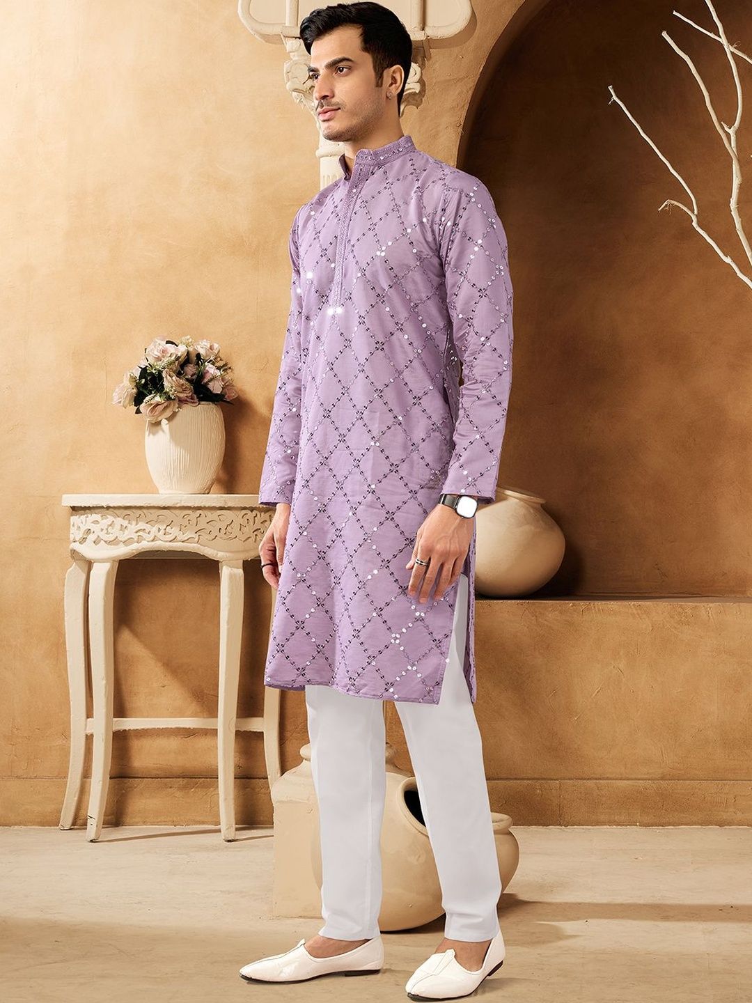 House of Pataudi Embellished Cotton Mandarin Collar Knee Length Straight Kurta