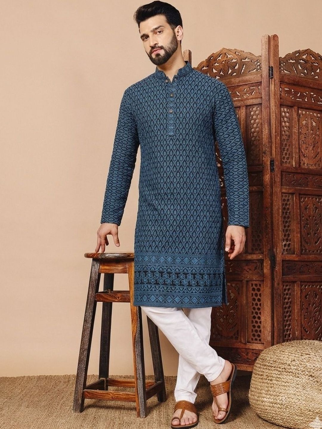 CHIRASVI Men Ethnic Motifs Embroidered Thread Work Indie Prints Kurta