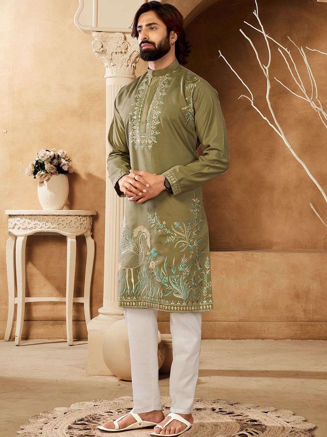 House of Pataudi Embroidered Cotton Mandarin Collar Calf Length Straight Kurta