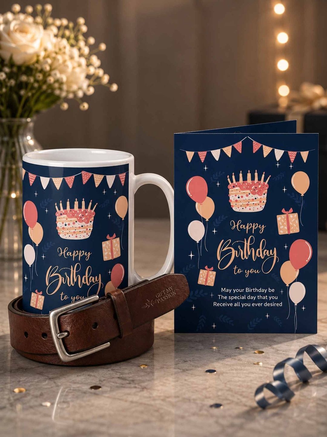 GIFT MY PASSION Set of 3 Belt Birthday Greeting Card & Coffee Mug - 350 ml