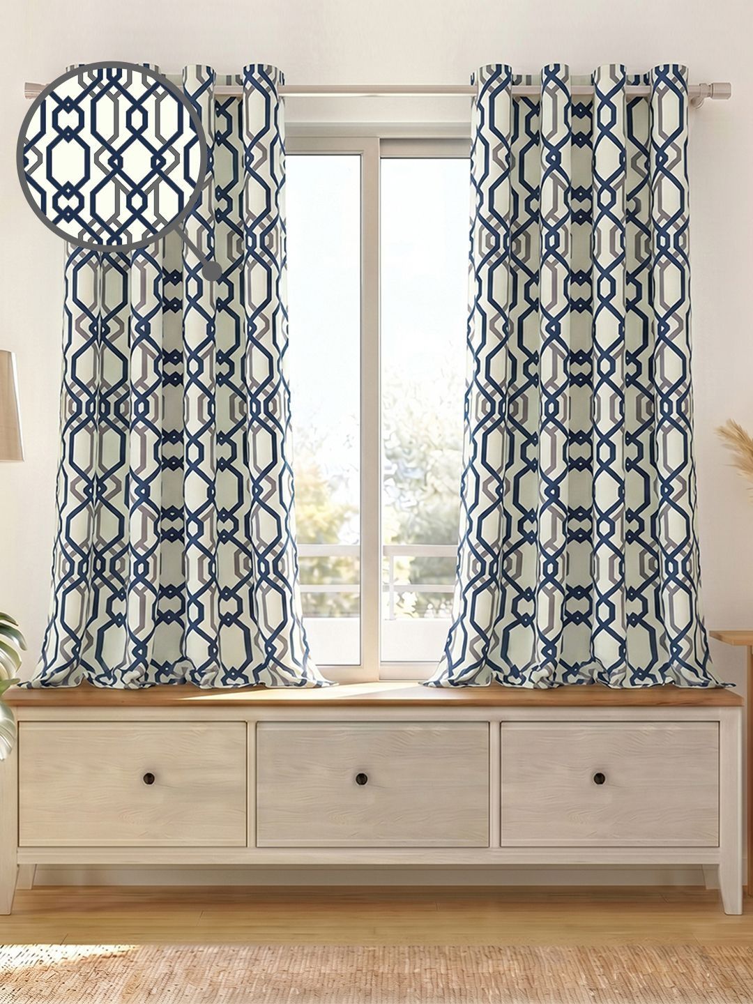 Story@home Story@home Grey & Navy Blue Set of 2 Geometric Room Darkening Window Cotton Curtain