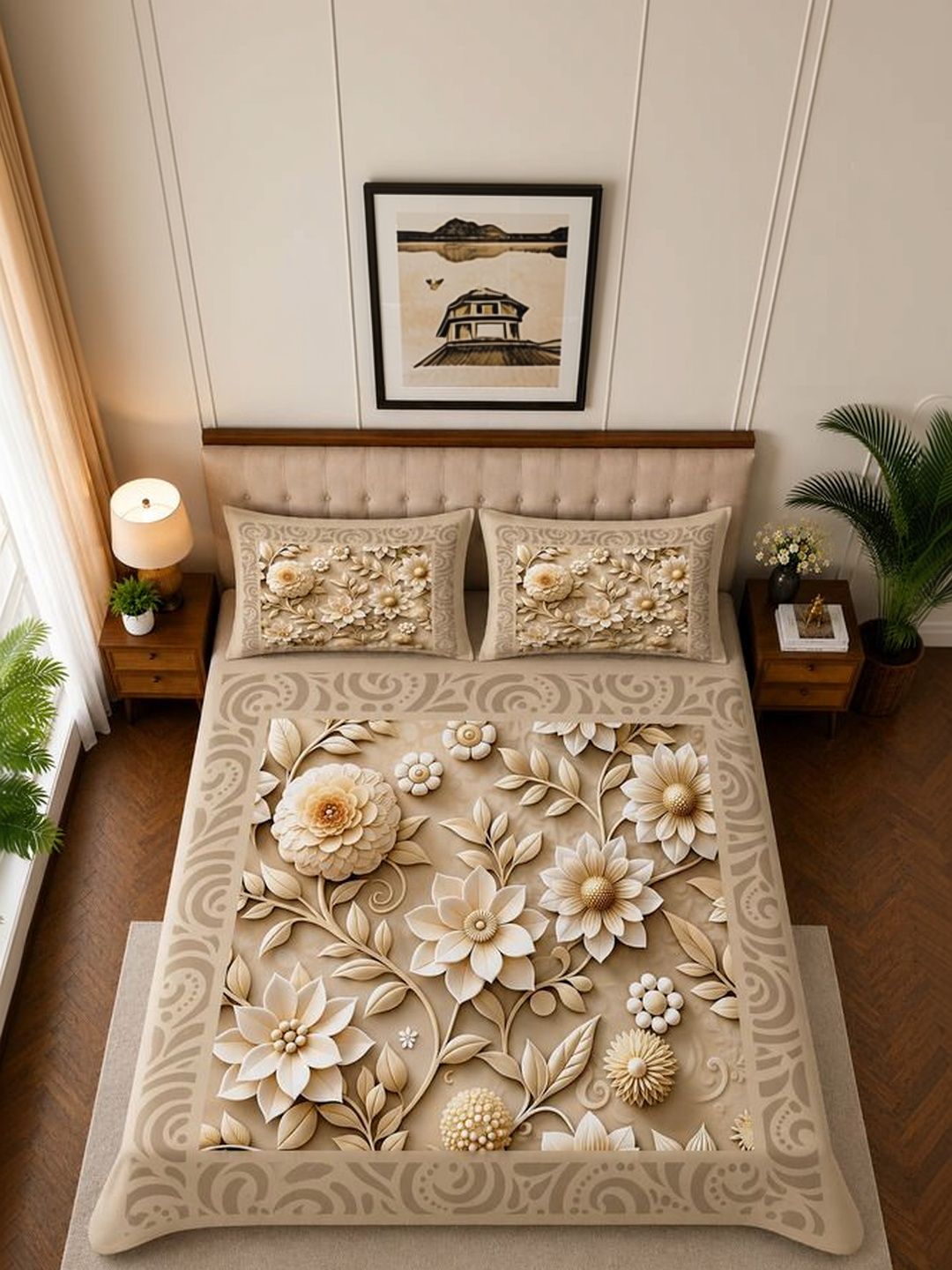 Myntra Elegant Homes Myntra Elegant Homes Beige Floral 300 TC 7D Digital King Bedsheet with 2 Pillow Covers