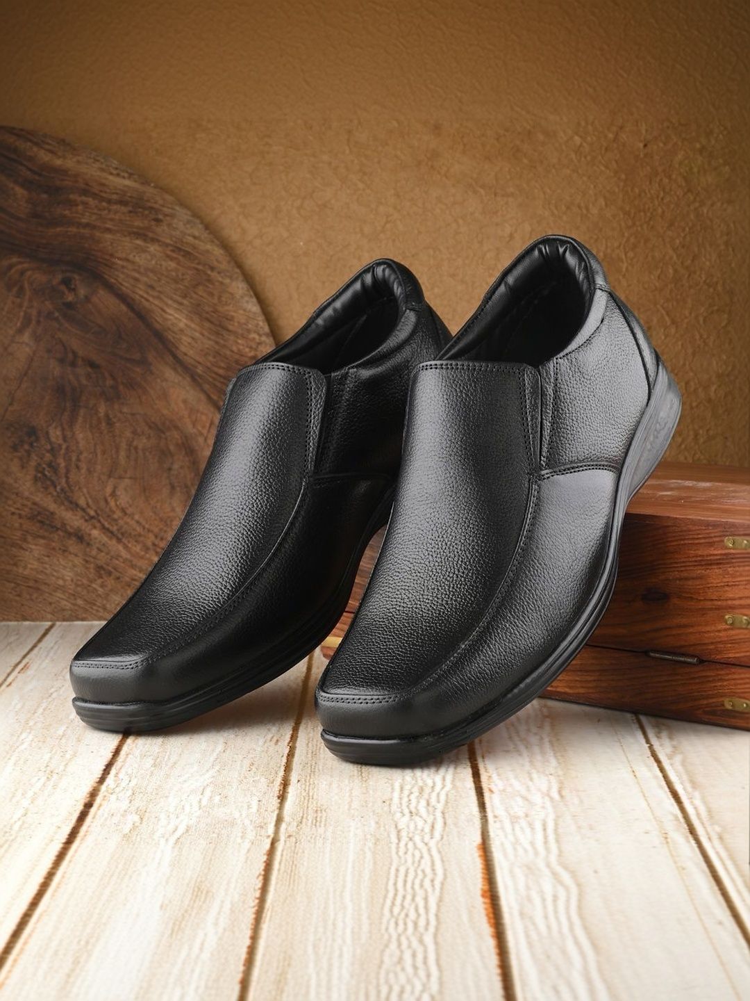 House of Pataudi Men Textured Leather Square Toe Slip-On Slip-On Shoes Formal Shoes