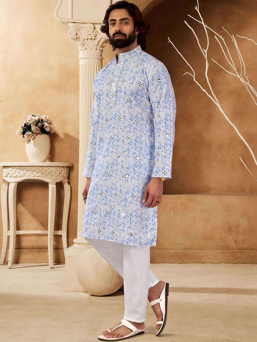House of Pataudi Embellished Cotton Mandarin Collar Calf Length Straight Kurtas