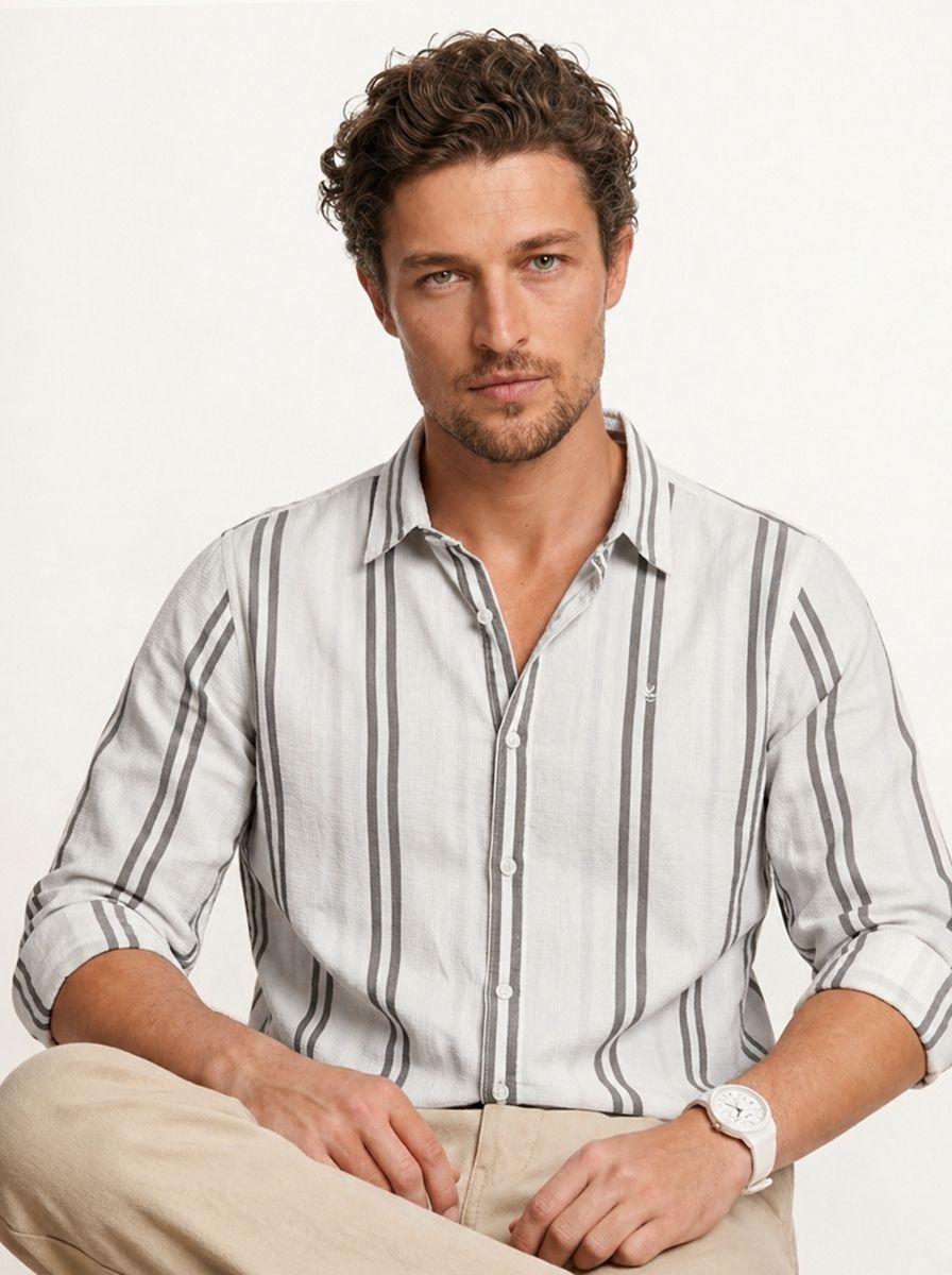 WROGN Slim Fit Vertical Striped Cotton Casual Shirt