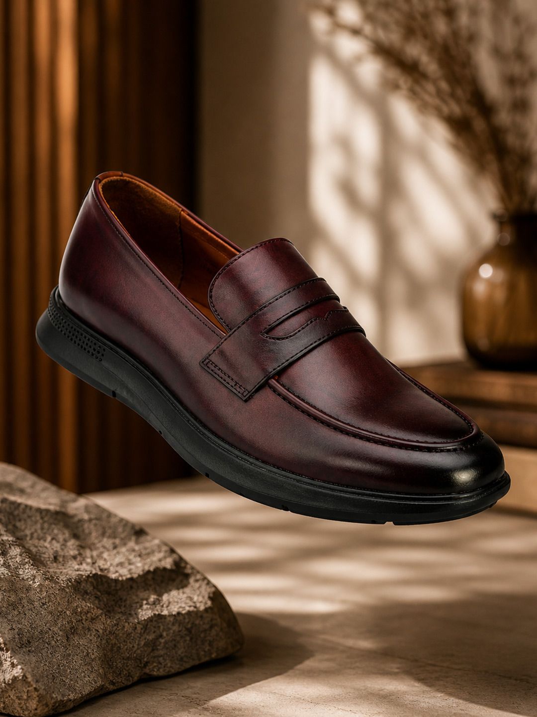 San Frissco Men Cherry Solid Leather Slip-On Loafers comfort Anti-Slip Office Wear Shoes