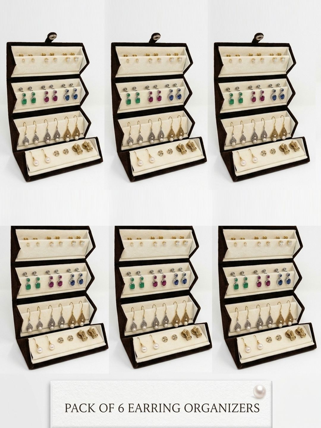 atorakushon Set of 6 Maroon & Cream-coloured Jewellery Earrings Storage Box Organiser