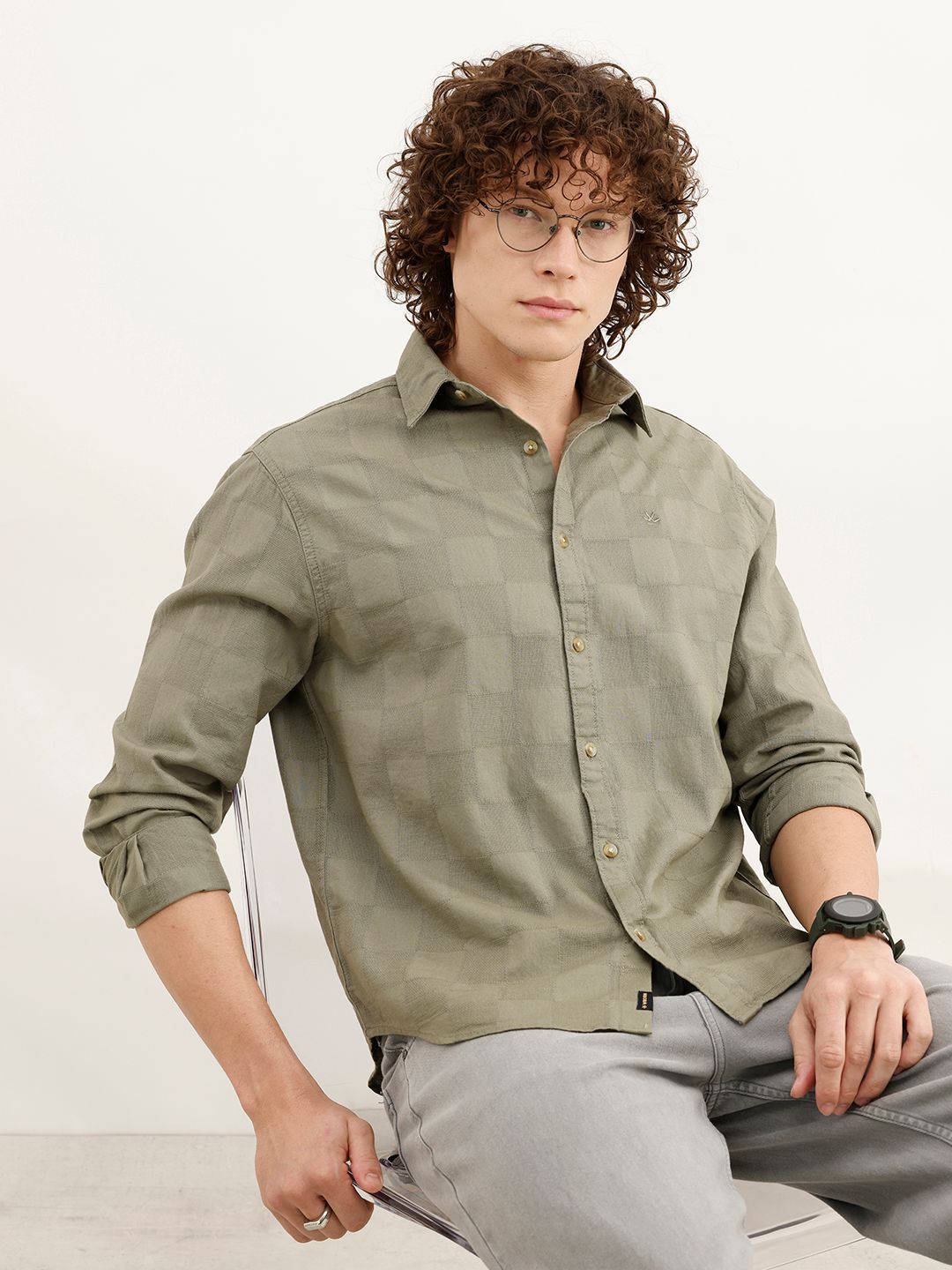 WROGN Textured Spread Collar Pure Cotton Casual Shirt