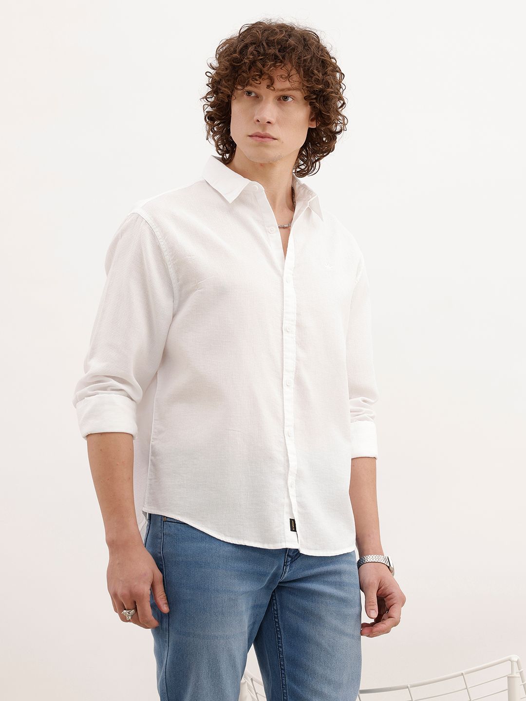 WROGN Textured Spread Collar Pure Cotton Casual Shirt