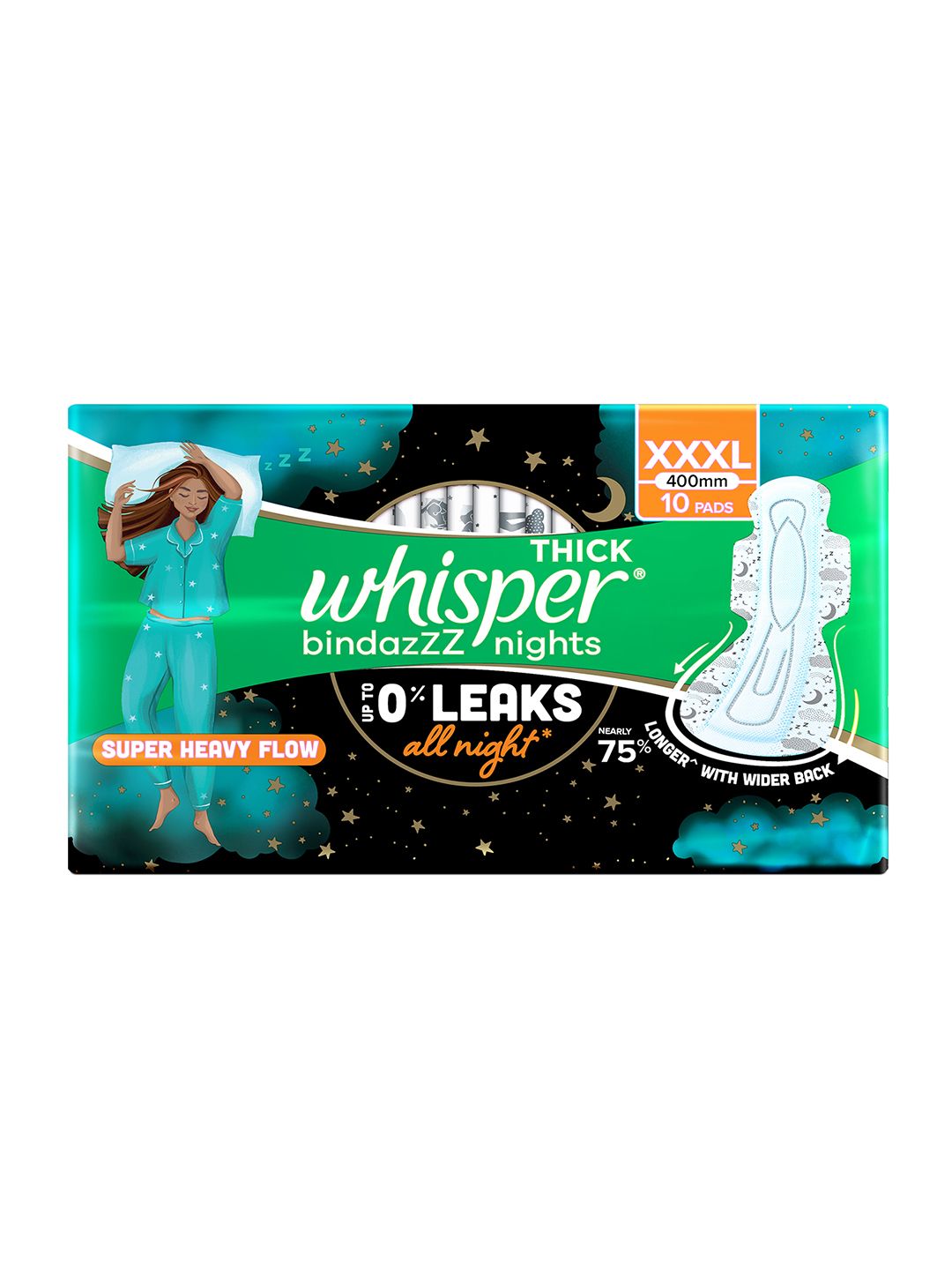 Whisper Whisper Bindazzz Nights XXXL Sanitary Pads with Upto 0% Leaks All Night Long - 10 Pads
