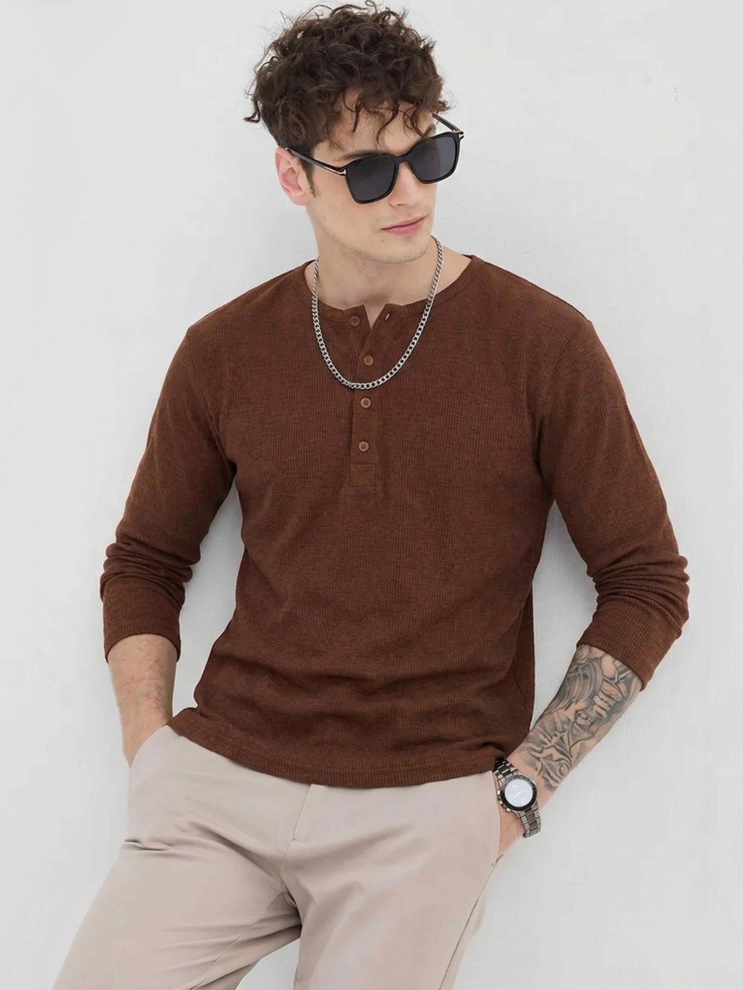 THE EG STORE Men Henley Neck T-shirt