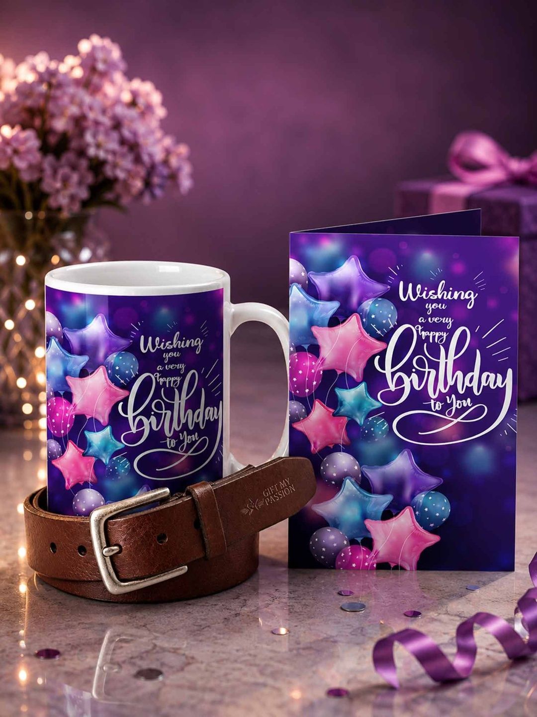 GIFT MY PASSION Set of 3 Belt Birthday Greeting Card & Coffee Mug - 350 ml