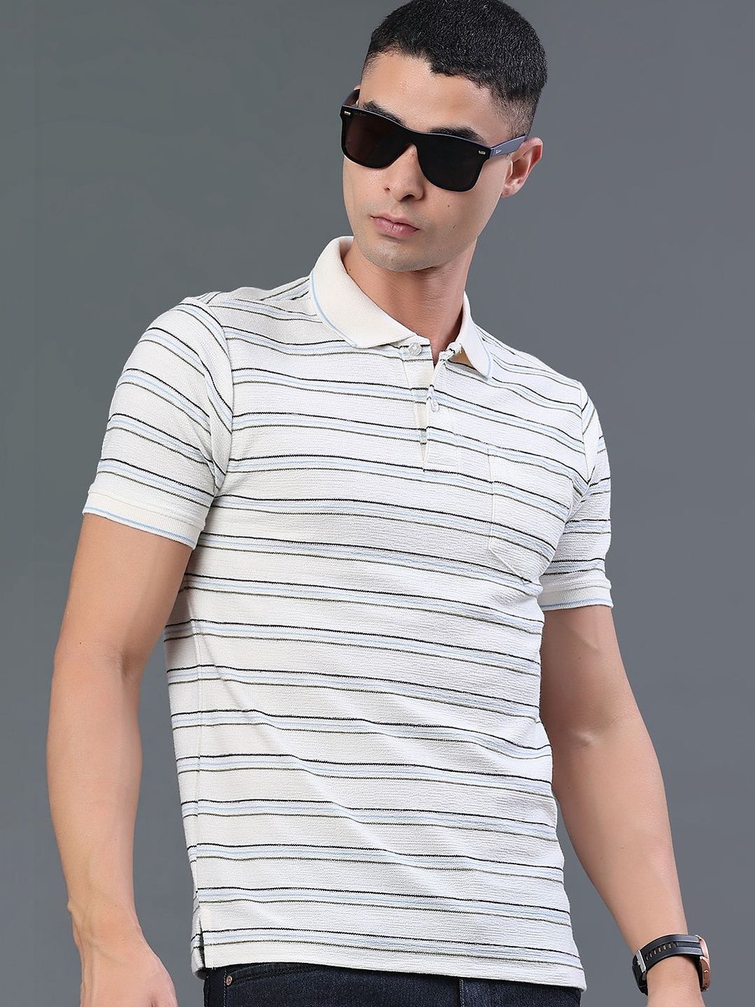 V-Mart Men Striped Polo Collar Pockets T-shirt