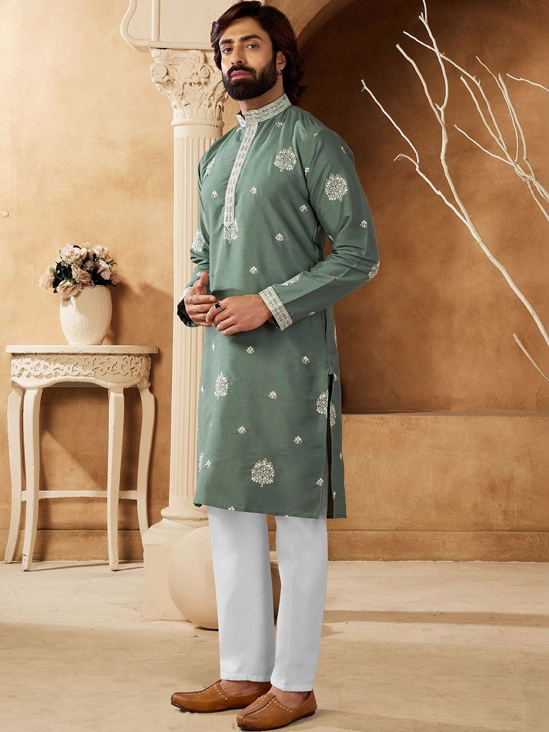 House of Pataudi Embroidered Cotton Band Collar Knee Length Straight Kurtas