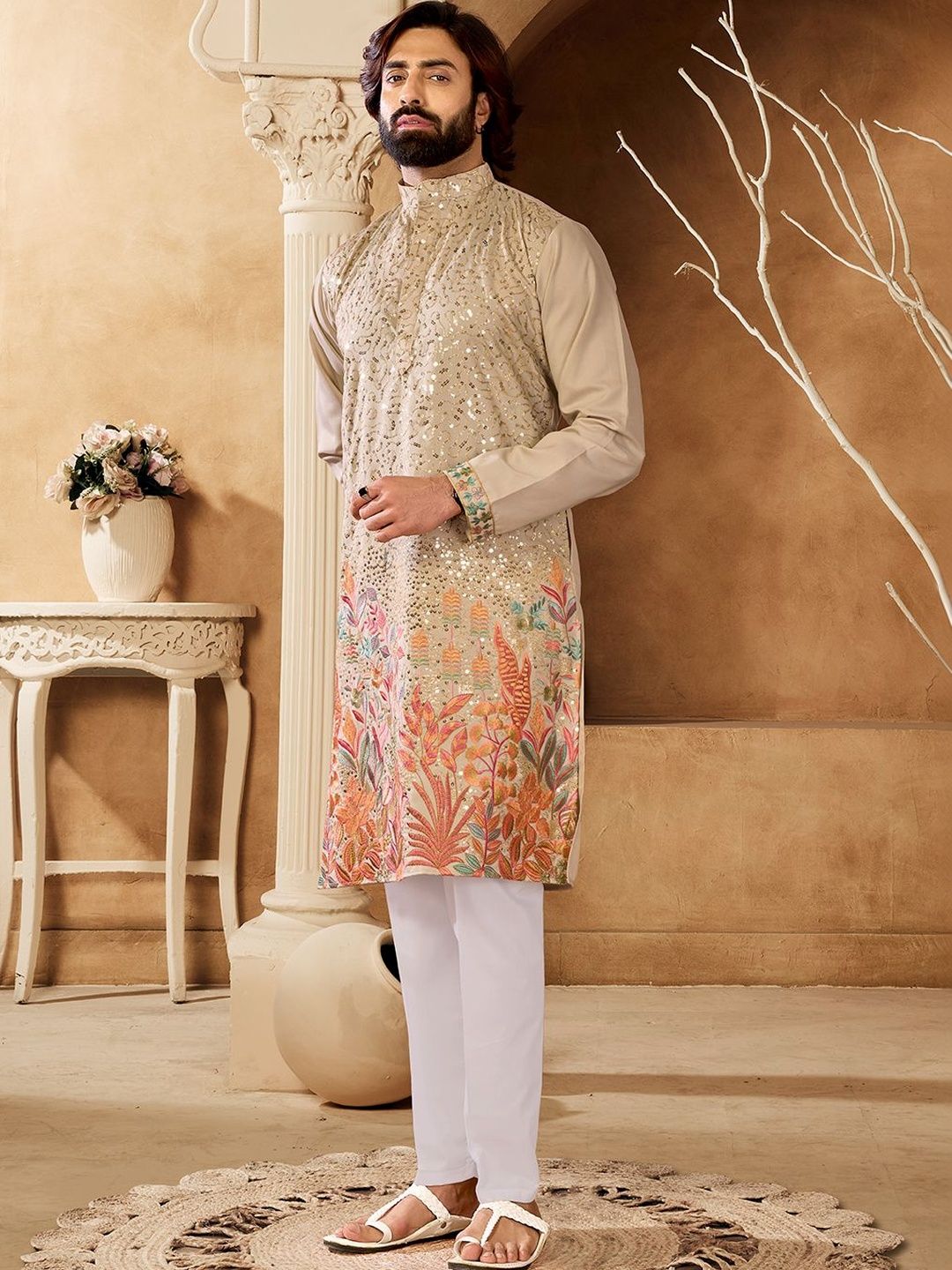 House of Pataudi Embellished Cotton Mandarin Collar Knee Length Straight Kurtas