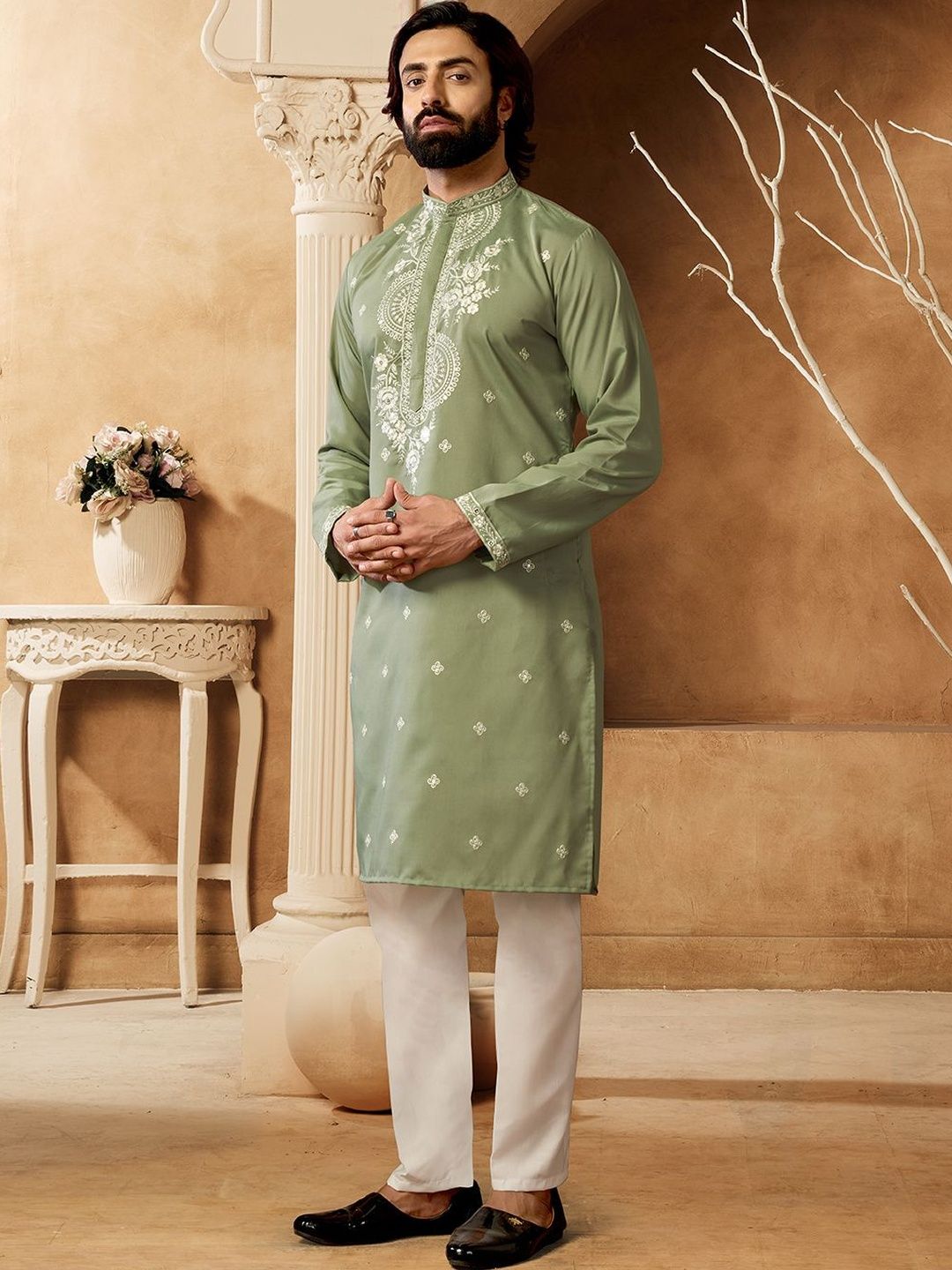 House of Pataudi Embroidered Cotton Mandarin Collar Calf Length Straight Kurtas